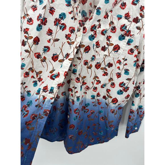 Lands' End Top Women XL White Blue Ombre Floral Print Button Down 100% Cotton - Picture 4 of 10